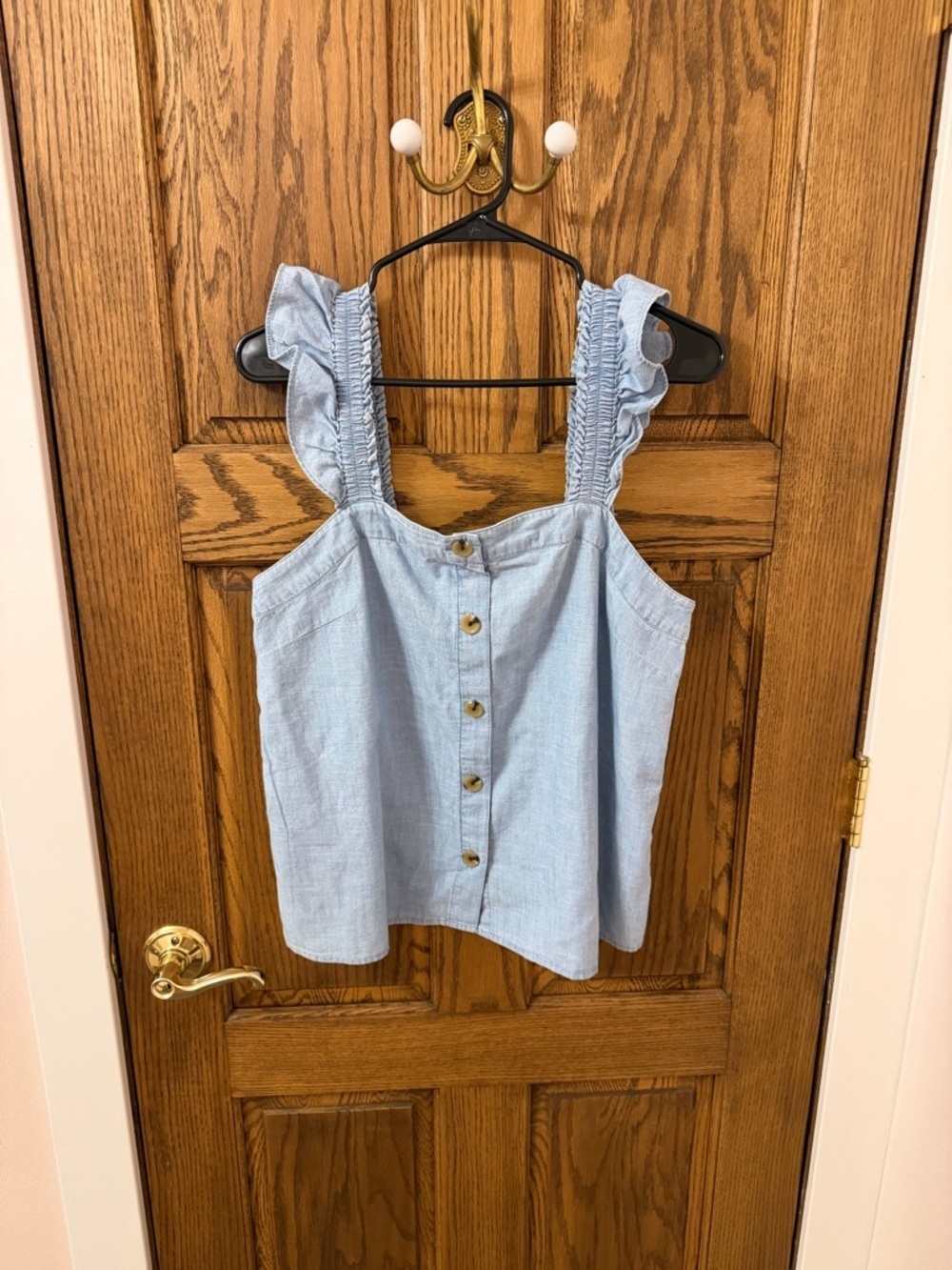 J. Crew Chambray Button-front Light Blue Tank Top With Ruffle Sleeves Small - Picture 3 of 9